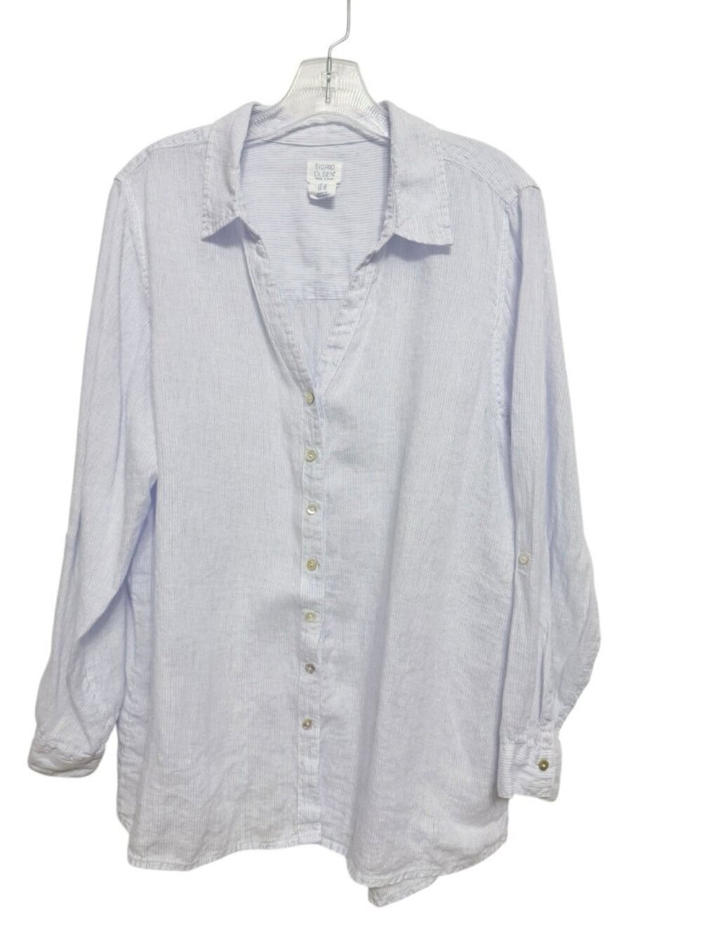 Signed Olsen 100% Linen V-Neck Button Front Blouse Size 1X Blue Stripe Resort